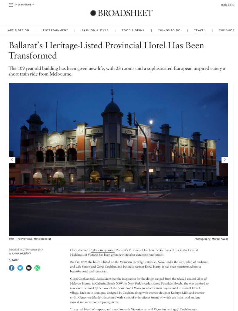 Article written for Broadsheet featuring The Provincial Hotel